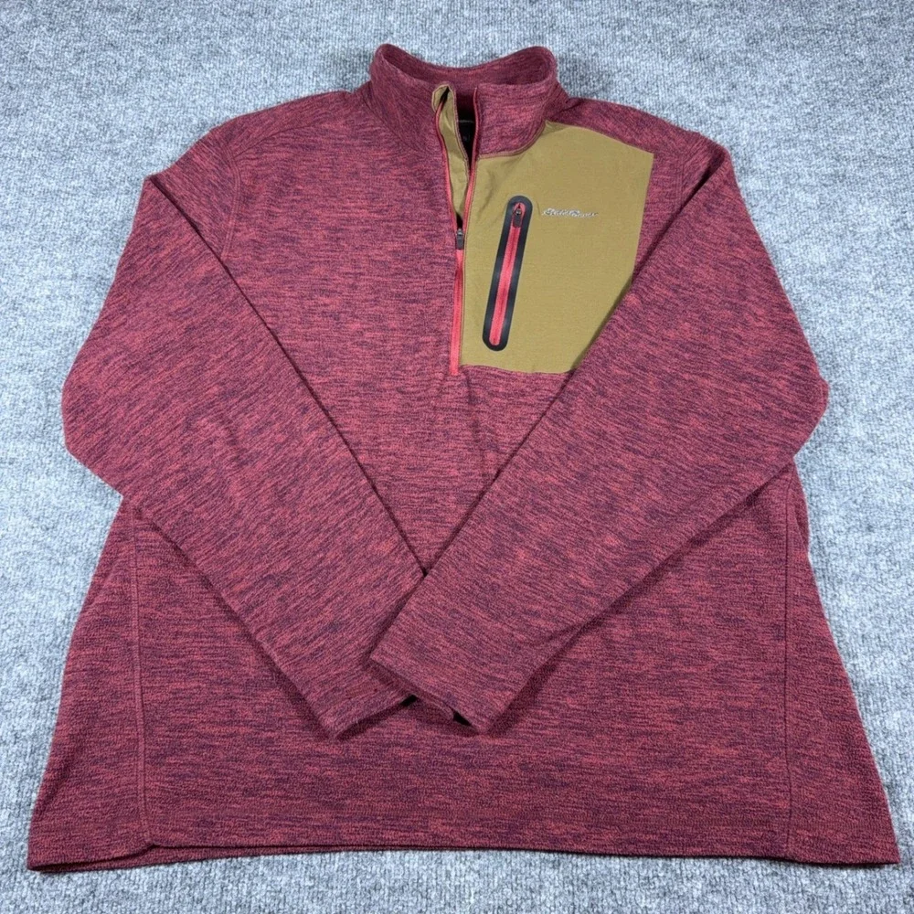 Eddie Bauer Mens XL Quarter Zip Pullover Fleece Burgundy Heather Chest Pocket